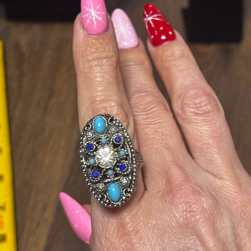 Vintage adjustable Silver and Turquoise Statement Ring